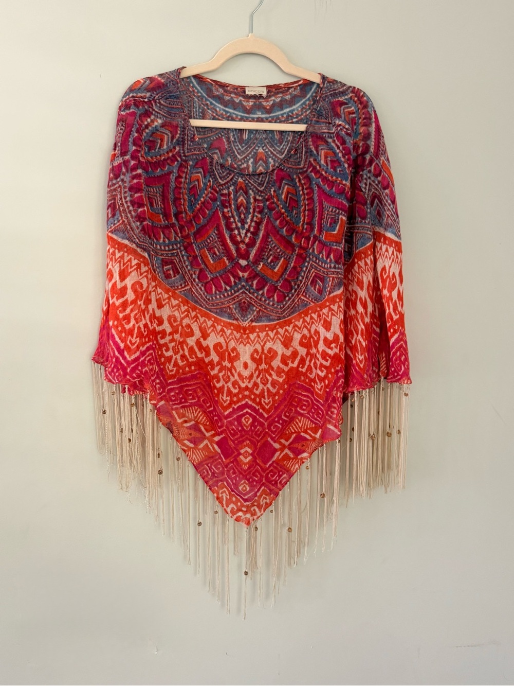 Chicos Poncho Boho Print Cape Cottage Core Beaded Fringe OS